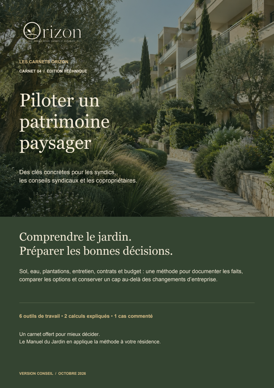 Couverture du carnet ORIZON Piloter un patrimoine paysager, édition technique