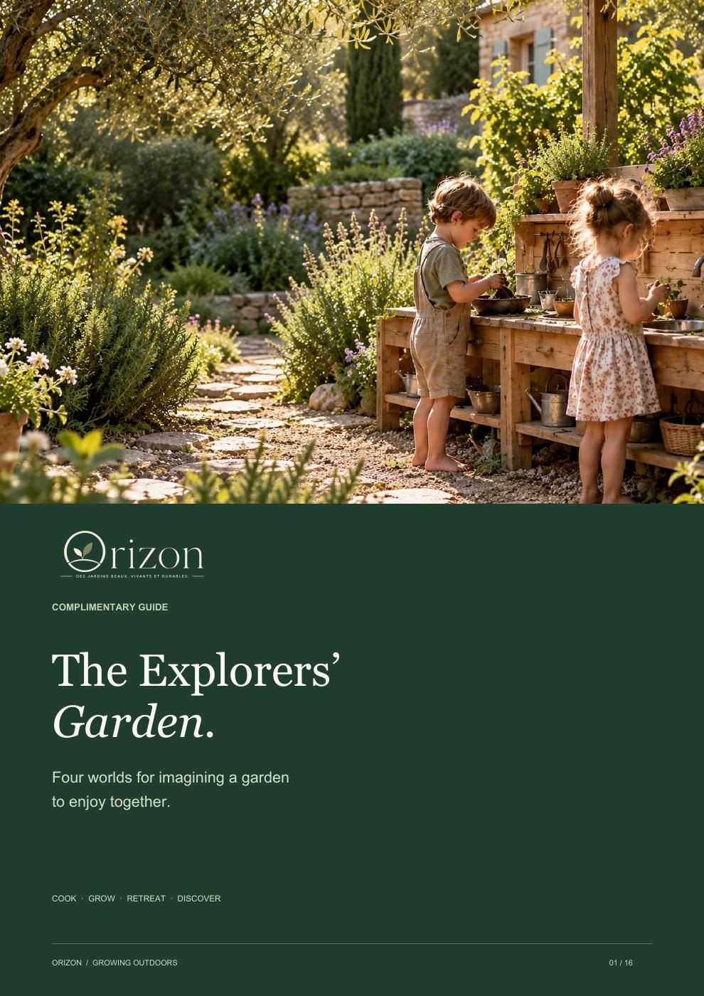 Cover of Orizon’s The Explorers’ Garden guide, with a garden scene
