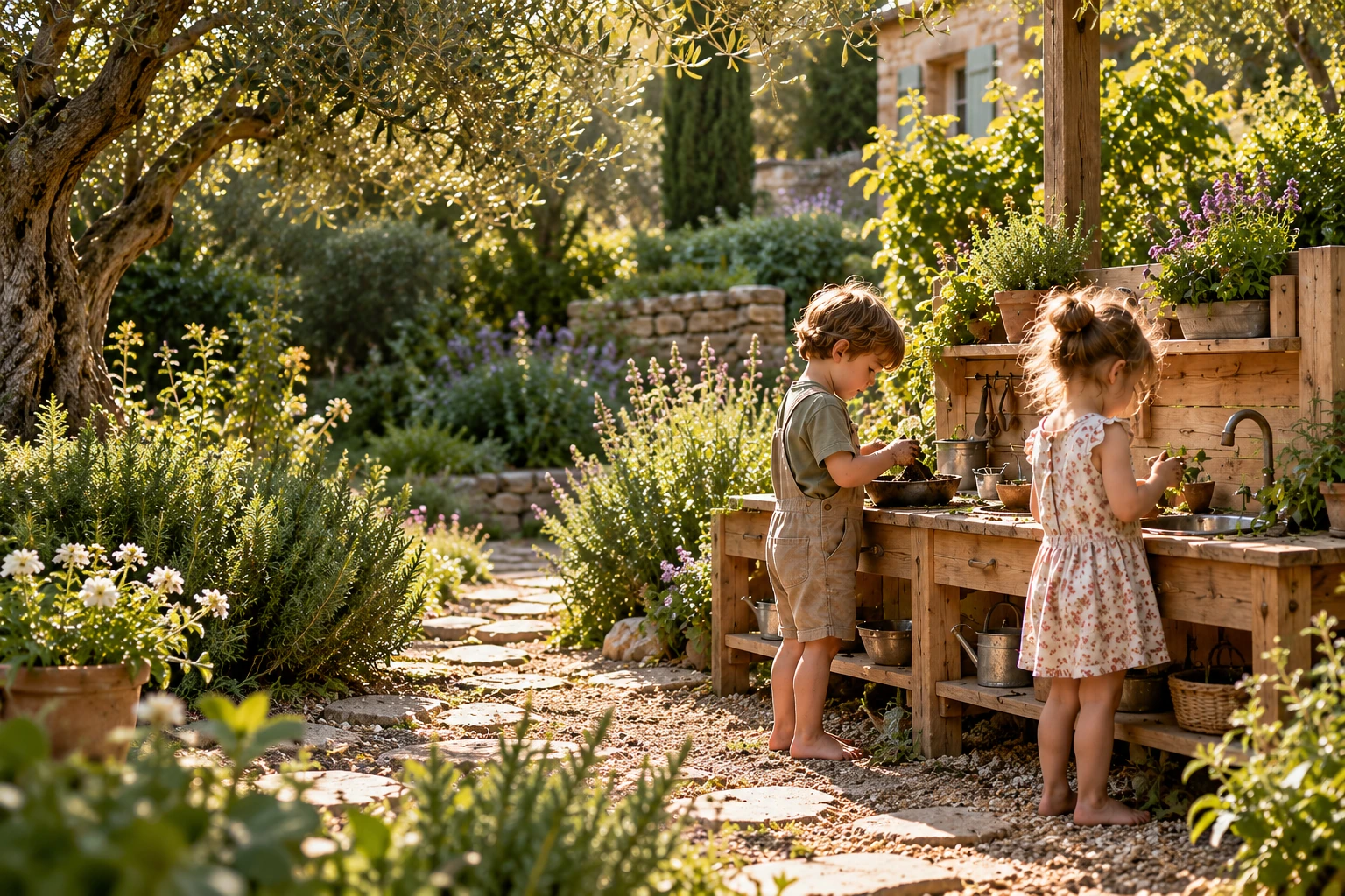 Scène d’ambiance : deux enfants jouent à une cuisine en bois dans un jardin méditerranéen
