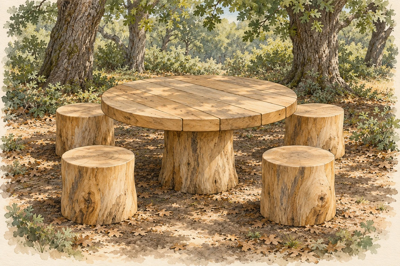 Illustration d’intention : table ronde et quatre assises en rondins