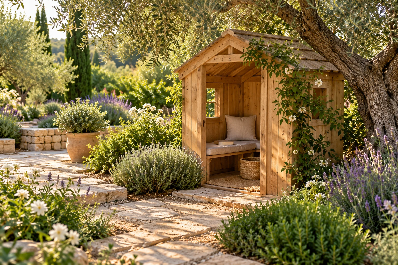 Image d’ambiance : Un petit refuge en bois au pied d’un olivier