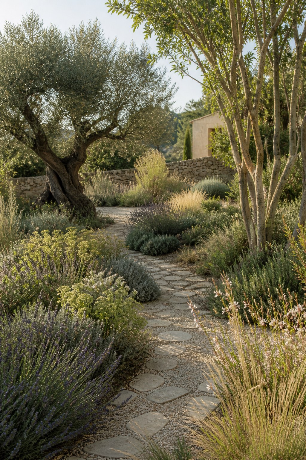 Ambiance de jardin méditerranéen, allée de pierre et ombre d’un olivier