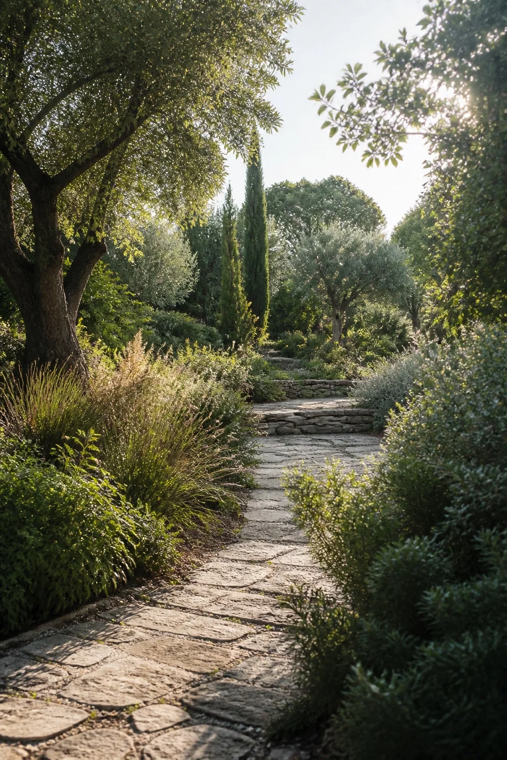 Allée de pierre traversant un jardin méditerranéen sous les oliviers