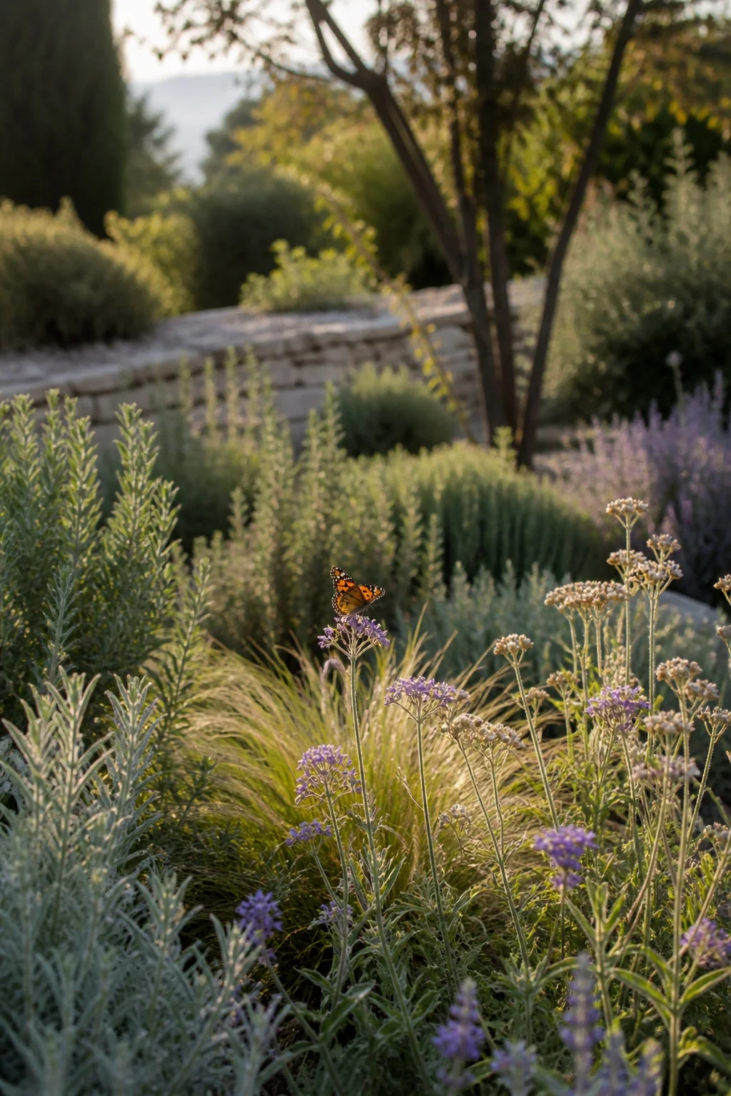 Papillon posé sur des fleurs dans un jardin méditerranéen vivant