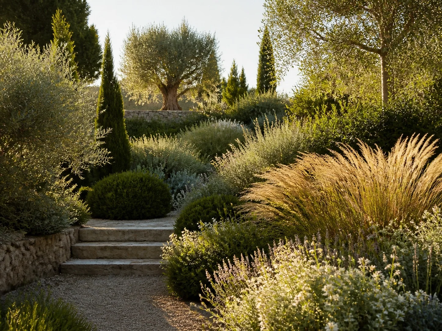 Jardin méditerranéen en strates baigné par une lumière chaude