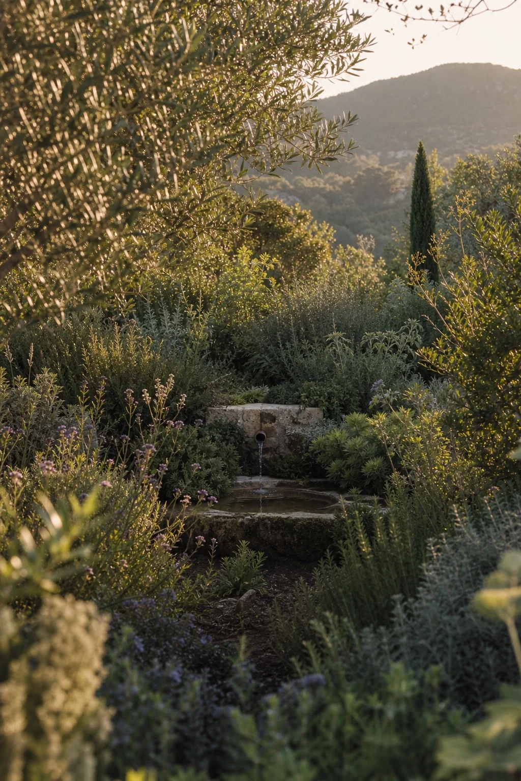 Jardin méditerranéen dans la lumière du soir, avec une fontaine naturelle à faible débit