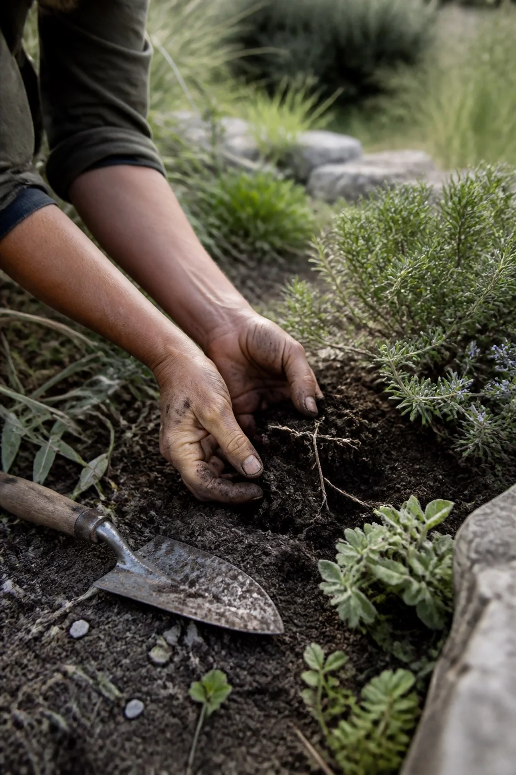 Main observant la terre d’un jardin méditerranéen