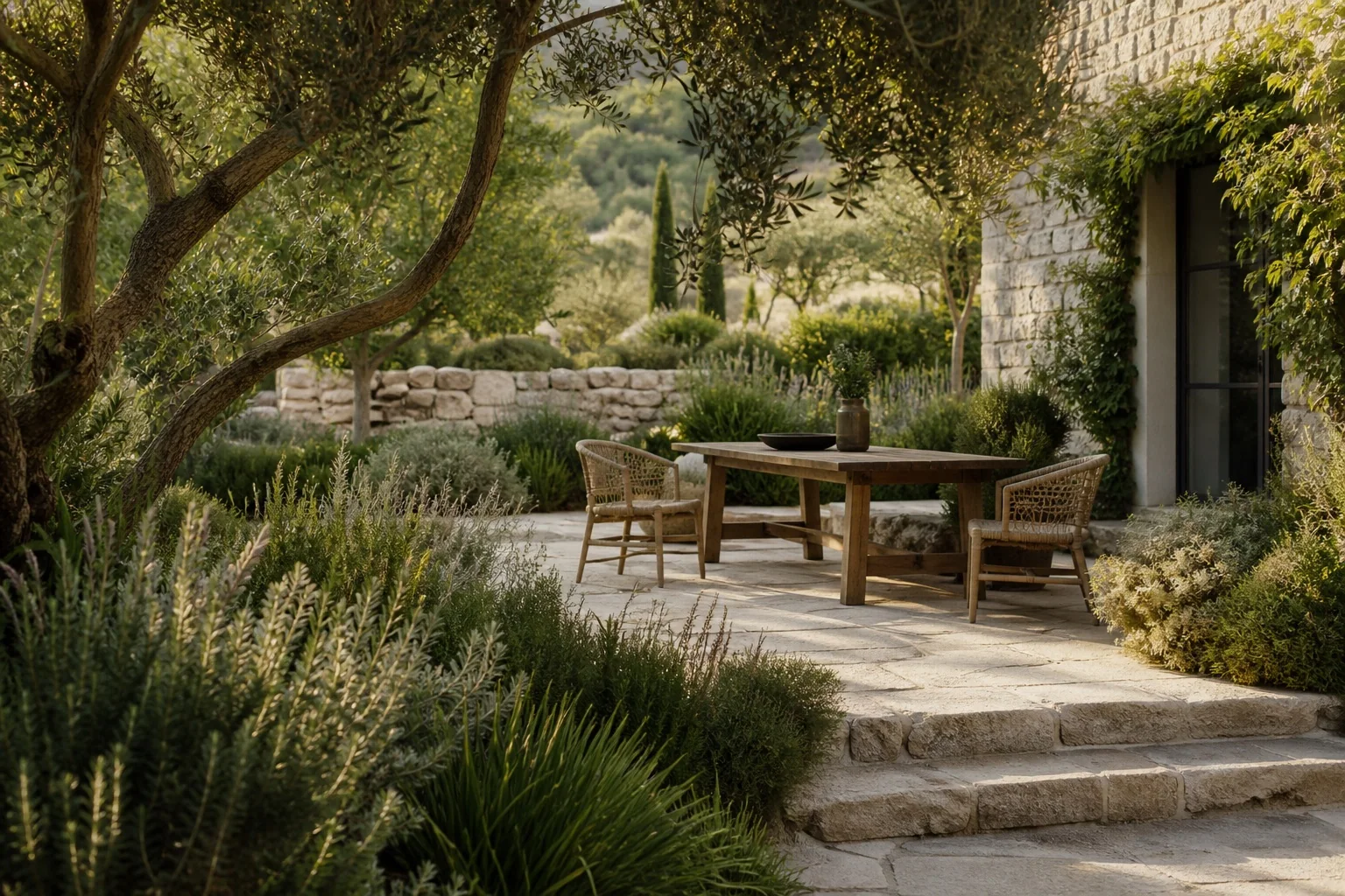 Terrasse méditerranéenne ombragée, pensée comme le prolongement naturel de la maison