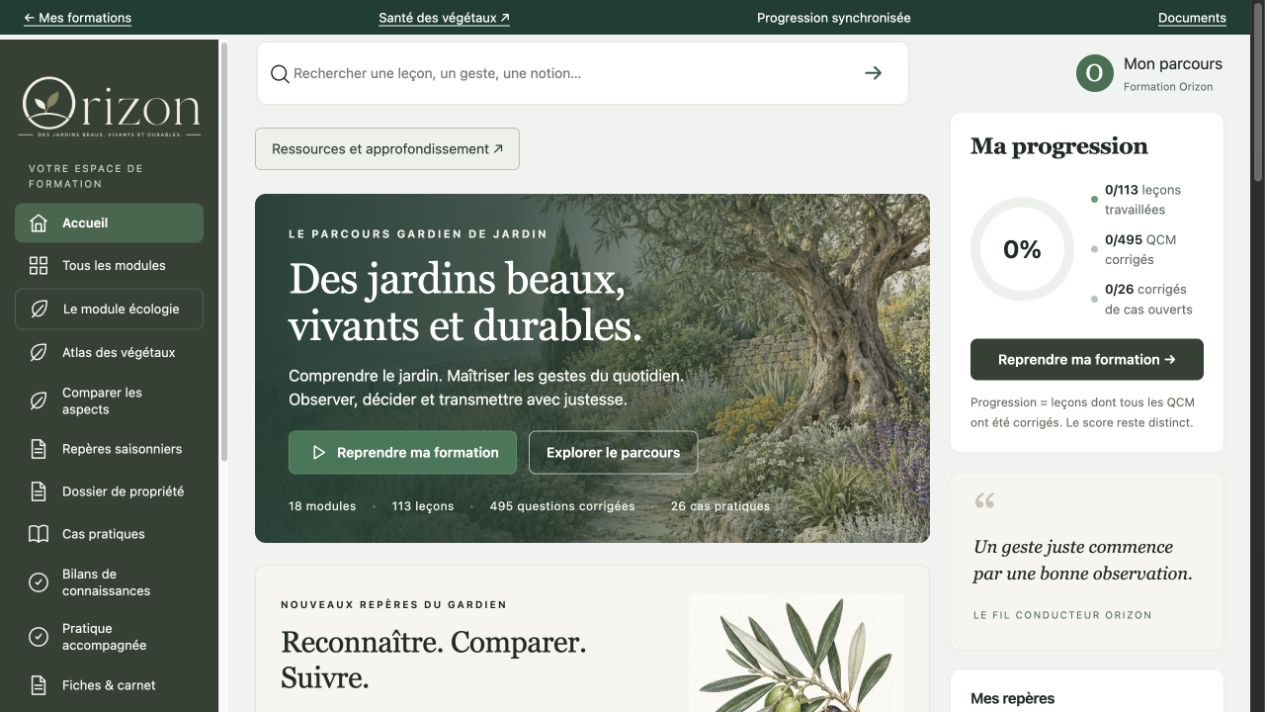 Capture réelle de l’accueil du parcours Gardien de jardin ORIZON : navigation dans les modules, atlas des végétaux, cas pratiques et suivi de progression.