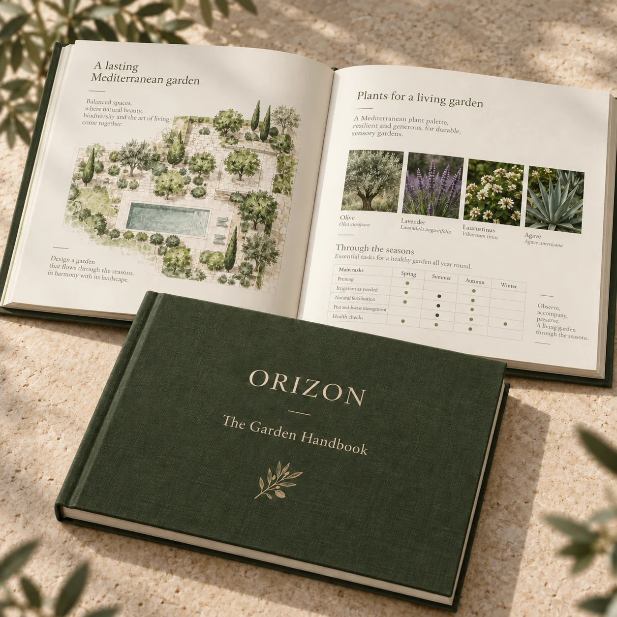 Illustration of the open ORIZON Garden Handbook with a garden plan, plants and seasonal notes